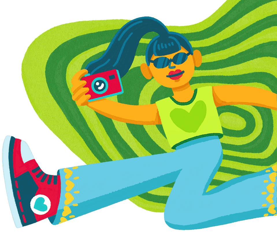 Illustration of a person taking a selfie in sunglasses.